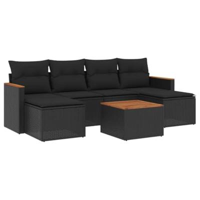 7-delige Loungeset met kussens poly rattan zwart