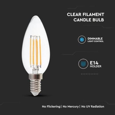 V-TAC E14 LED Dimbare Filament Lamp - 4 Watt & 400 Lumen - 3000K Warm witte lichtkleur - 300° stralingshoek - 20.000 branduren geschikt voor E14 fittingen