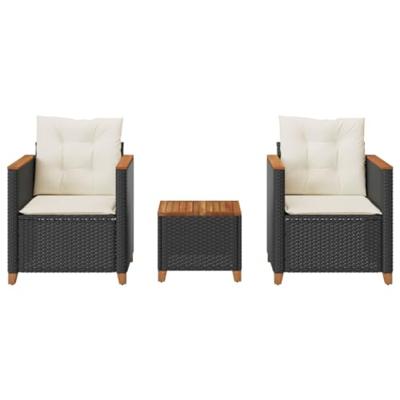 3-delige Bistroset met kussens poly rattan en acaciahout zwart