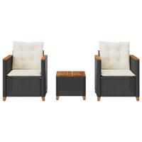 3-delige Bistroset met kussens poly rattan en acaciahout zwart - thumbnail