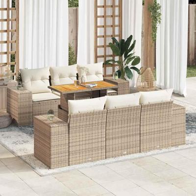 7-delige Loungeset met kussens poly rattan beige