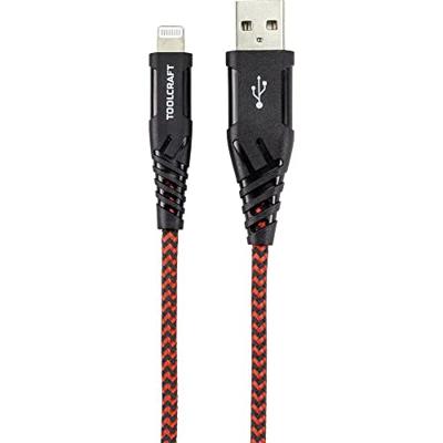 TOOLCRAFT TO-6899490 USB-kabel USB 2.0 USB-A stekker, Apple Lightning stekker 1.00 m Zwart-rood Extreem robuust gevlochten bescherming