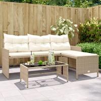 Tuinbank met tafel en kussens L-vormig poly rattan beige - thumbnail