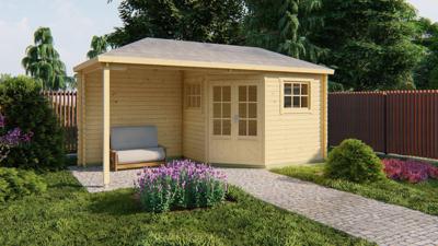 Blokhut Rianne 250x250 cm + zijluifel 250 cm - honing geïmpregneerd- Puntdak- Geïmpregneerd vurenhout- Van Kooten