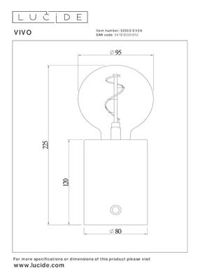 Lucide VIVO - Oplaadbare Tafellamp - Accu/Batterij - Ø 8 cm - LED Dimb. - E27 - 1x1W 2700K - Mat zwart chroom