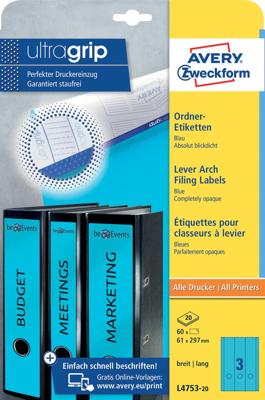 Avery Zweckform L4753-20 ordnerrugetiketten ft 29,7 x 6,1 cm (b x h), 60 etiketten, blauw Avery Zweckform L4753-20 ordnerrugetiketten ft 29,7 x 6,1 cm (b x h), 60 etiketten, blauw