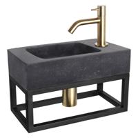 Differnz fonteinset bombai black natuursteen kraan gebogen mat goud 40 x 22 x 9 cm met handdoekrek - thumbnail