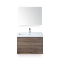 Vogue Badmeubelset 80 cm - Greeplijst in kleur - Tabacco - Keramische Wastafel Wit 1 kraangat - met Spiegelkast - thumbnail