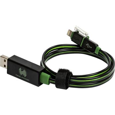 RealPower 185962 LED drijvende kabel 2in1, LED oplaad- en datakabel met micro-USB en Lightning, voor Android smartphones en andere, (zwart/groene LEDs)