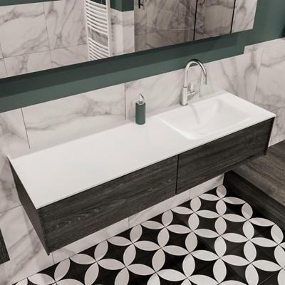 Mondiaz Lush Cloud badmeubel eiken Dark brown 150 cm 2 lades solid surface enkele spoelbak rechts 1 kraangat