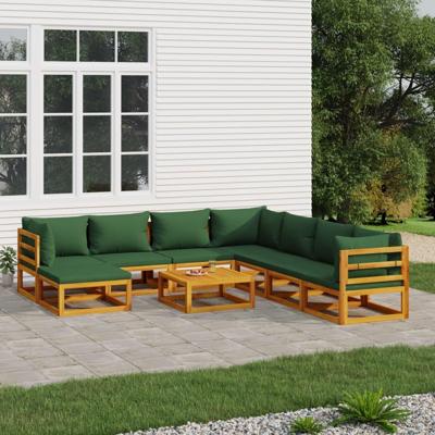 9-delige Loungeset met groene kussens massief hout