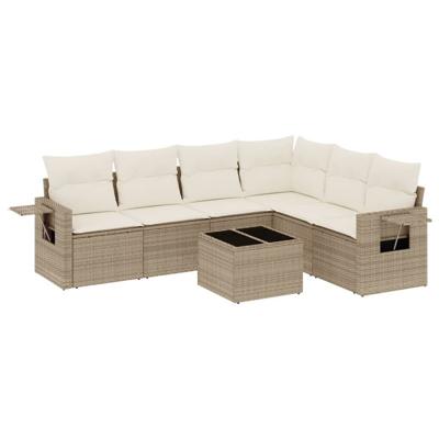 7-delige Loungeset met kussens poly rattan beige - thumbnail