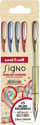 Uni-ball roller Signo Metallic, medium punt, geassorteerde kleuren, etui van 5 stuks