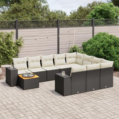 11-delige Loungeset met kussens poly rattan zwart