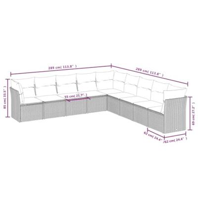 9-delige Loungeset met kussens poly rattan grijs