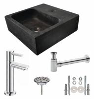 Fonteinset Natura Vierkant 30x30x10cm Hardsteen Antraciet Chroom Toiletkraan Sifon Plug Bevestigingsset - thumbnail