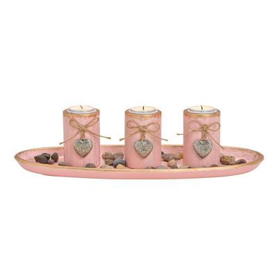 Theelichthouder met decoratieve houten stenen pink/roze set, (B/H/D) 39x12x15cm