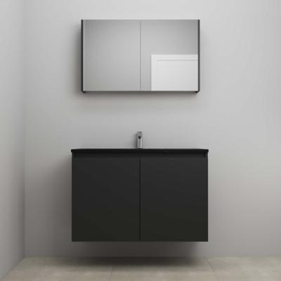 On-Line Badkamermeubelset - 100 cm - Voorgemonteerd - Greeploze Ladestructuur - Acryl Wastafel - 1 Kraangat - Spiegelkast - Mat Zwart