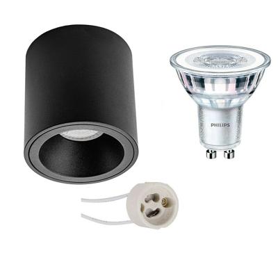 Opbouwspot Set - Pragmi Cliron Pro - GU10 Fitting - Opbouw Rond - Mat Zwart - Verdiept - Ø90mm - Philips - CorePro 840 36D - 4.6W - Natuurlijk Wit 4000K