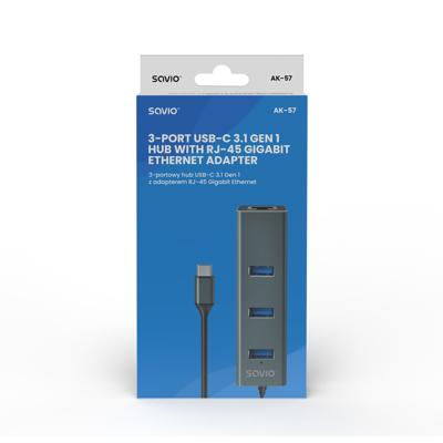 Savio AK-57 USB-C - 3 x USB-A HUB met RJ-45 Gigabit Ethernet adapter, 5000 Mbit/s, grijs