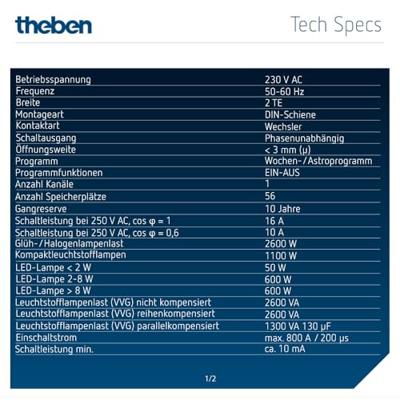 Theben 1700130 Schakelklok Digitaal Weekprogramma 2600 W IP20 Astro-functie
