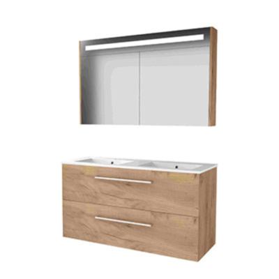 Basic-Line Premium 46 Badkamermeubelset - 120 x 46 cm - Met Grepen - 2 Lades - Keramische Wastafel - 2 Kraangaten - Spiegelkast met LED Verlichting - Whisky Oak