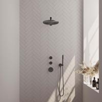 Regendoucheset Inbouw Brauer Gunmetal Carving Thermostatisch 30 cm met Wandarm en Handdouche Staaf Losse Stopkranen Geborsteld Gunmetal Brauer - thumbnail