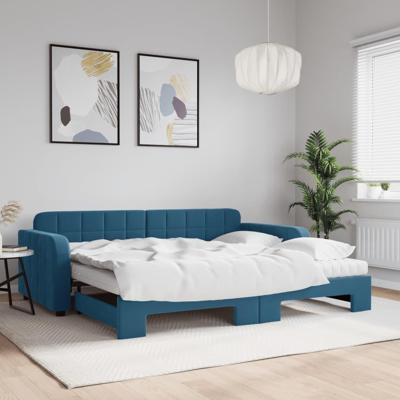 Slaapbank onderschuifbed en matrassen 90x200 cm fluweel blauw