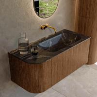 Mondiaz KURVE-DLUX 105 cm Onderkast Greeploos 1 Lade Met Deuren Walnut, Wastafel Solid Surface Rechts Lava 0 Kraangaten Zonder Spiegel (KRVBGS105L1L1D0KR-Wal/Lav) - thumbnail