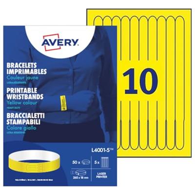Avery bedrukbare polsbandjes, ft 18 x 265 mm, geel, pak van 50 etiketten Avery bedrukbare polsbandjes, ft 18 x 265 mm, geel, pak van 50 etiketten