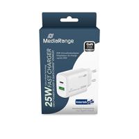MediaRange GaN snellaadadapter van 25 W, EU-stekker, 1 x USB-C en 1 x USB-A, ondersteunt USB-C® Power Delivery en Quick Charge™, wit - thumbnail