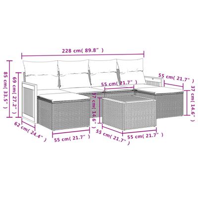 6-delige Loungeset met kussens poly rattan zwart