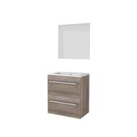 Basic-Line Ultimate 39 Badkamermeubelset - Ondiep - 60 x 39 cm - Greeploos - 2 Lades - Keramische Wastafel - 1 Kraangat - Spiegel met Indirecte LED Verlichting - Scotch Oak - thumbnail