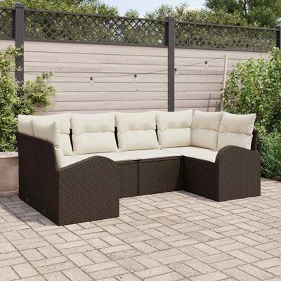 Tuinbankenset met kussen 6 pcs Bruin en wit poly rattan