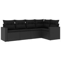 5-delige Loungeset met kussens poly rattan zwart - thumbnail