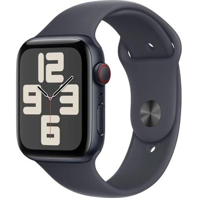 Apple Watch SE (2e gen.) GPS + Cellular 44 mm Smartwatch - Kast van middernacht aluminium - Middernacht sportbandje (S/M). Conditie en slaap bijhouden, ongelukdetectie, hartritme monitoren
