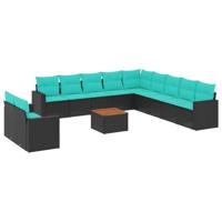 12-delige Loungeset met kussens poly rattan zwart - thumbnail