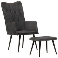 Fauteuil met voetenbank vintage stijl canvas zwart - thumbnail