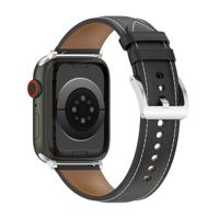 By Qubix - Luxe leren bandje - Zwart - Compatible met Apple Watch 44mm / 45mm / 46mm / 49mm - Compatible Apple watch bandjes - thumbnail