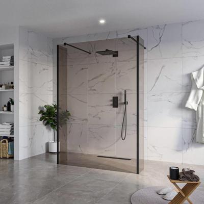 Fortifura Galeria Vrijstaande Inloopdouche - 140x200cm - Rookglas - antikalk - 8mm veiligheidsglas - 2 zijwanden 30cm - wandsteunen en hoekprofielen - Zwart mat SW927767 2x/SW797946/SW797930 2x/SW358025 2x