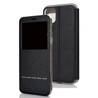 Voor iPhone 11 Pro matte textuur horizontale Flip beugel mobiele telefoon holster venster met beller-ID en metalen knop dia te ontgrendelen (zwart) - thumbnail