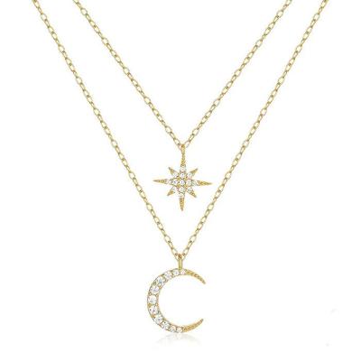 Zilveren Dubbele Ketting met Gouden Plating en Ster en Maan Hangers - Hemelse Schoonheid van Elenza