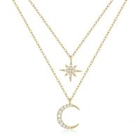 Zilveren Dubbele Ketting met Gouden Plating en Ster en Maan Hangers - Hemelse Schoonheid van Elenza - thumbnail