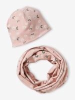 Gebloemde meisjesset muts + snood roze (poederkleur) - thumbnail