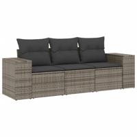 3-delige Loungeset met kussens poly rattan grijs - thumbnail