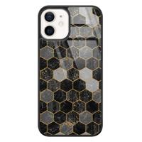 iPhone 12 glazen hardcase - Hexagons zwart - thumbnail