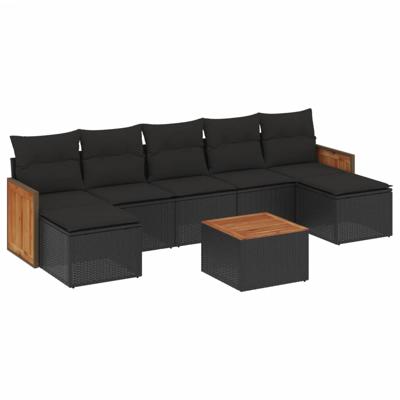 7-delige Loungeset met kussens poly rattan zwart - thumbnail