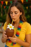 Kokosnoot drinkbeker met rietje - thumbnail