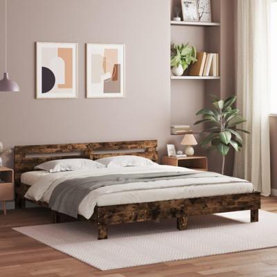 Bedframe met hoofdeinde bewerkt hout gerookt eiken 200x200 cm