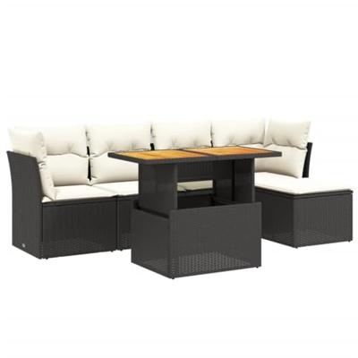 6-delige Loungeset met kussens poly rattan zwart